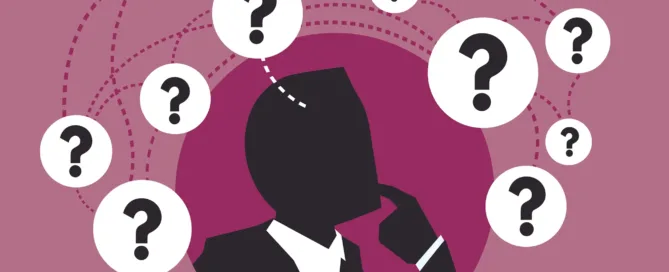 A person looks puzzled, with numerous question marks floating around them