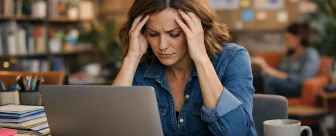 Stressed professional woman sits at a cluttered desk with an open laptop, hands on her temples, surrounded by papers and sticky notes in a vibrant, creative office.