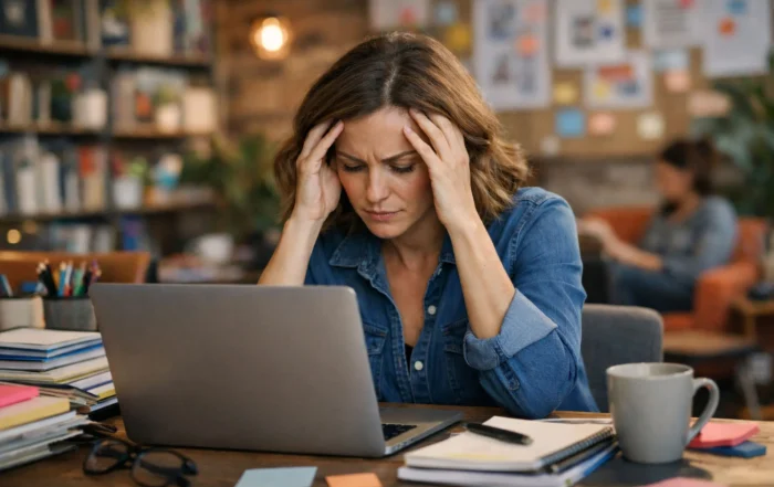 Stressed professional woman sits at a cluttered desk with an open laptop, hands on her temples, surrounded by papers and sticky notes in a vibrant, creative office.